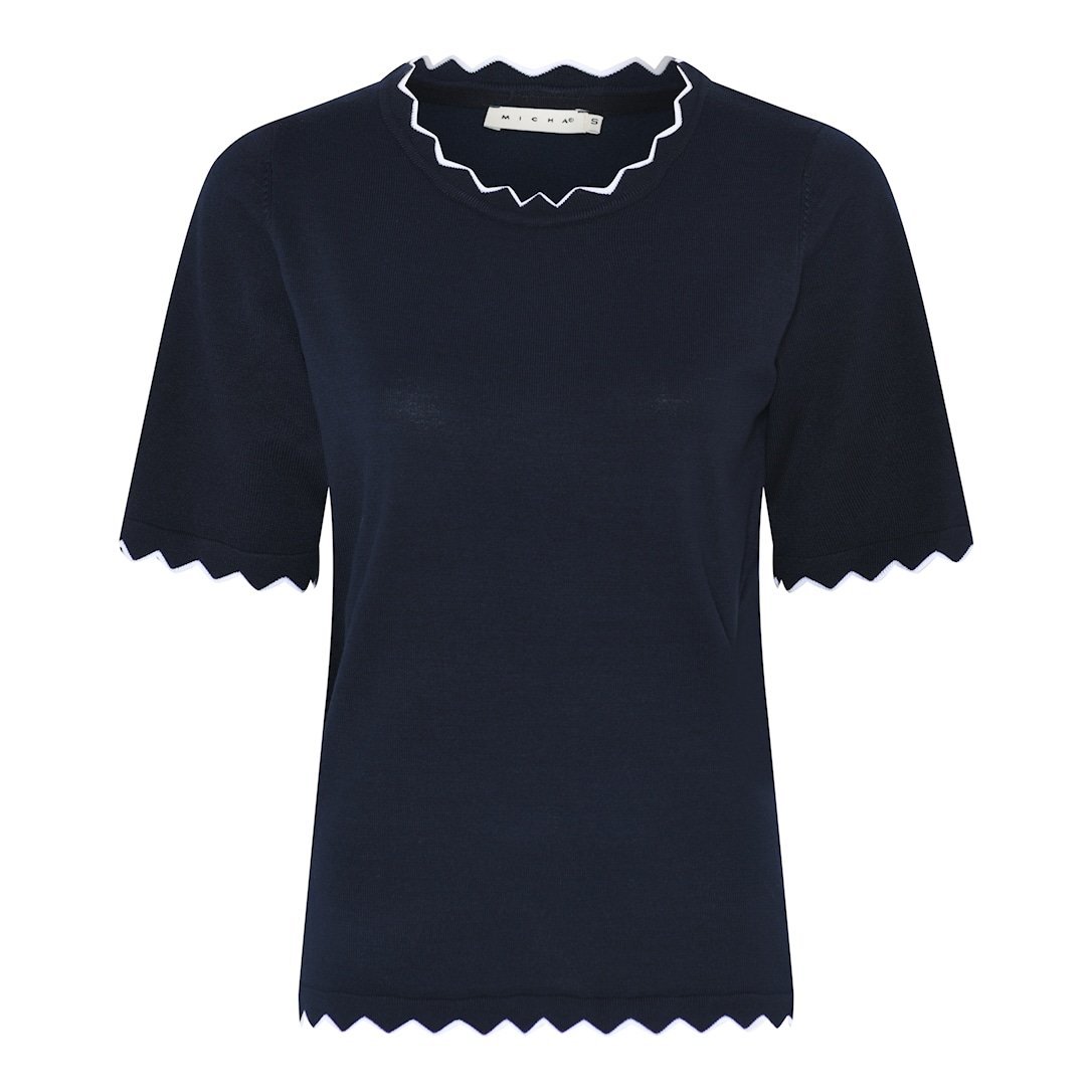 MICHA Top Rund Hals Viscose Strik med Kant - Navy - S