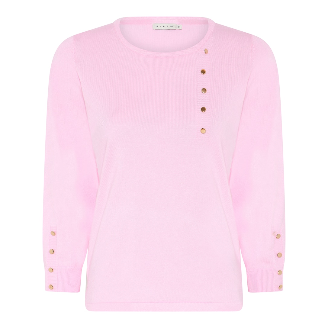 MICHA Strikbluse Dame 3/4 Ærmer Rund Hals Viscose Strik med Guldknapper - Perlerosa - S