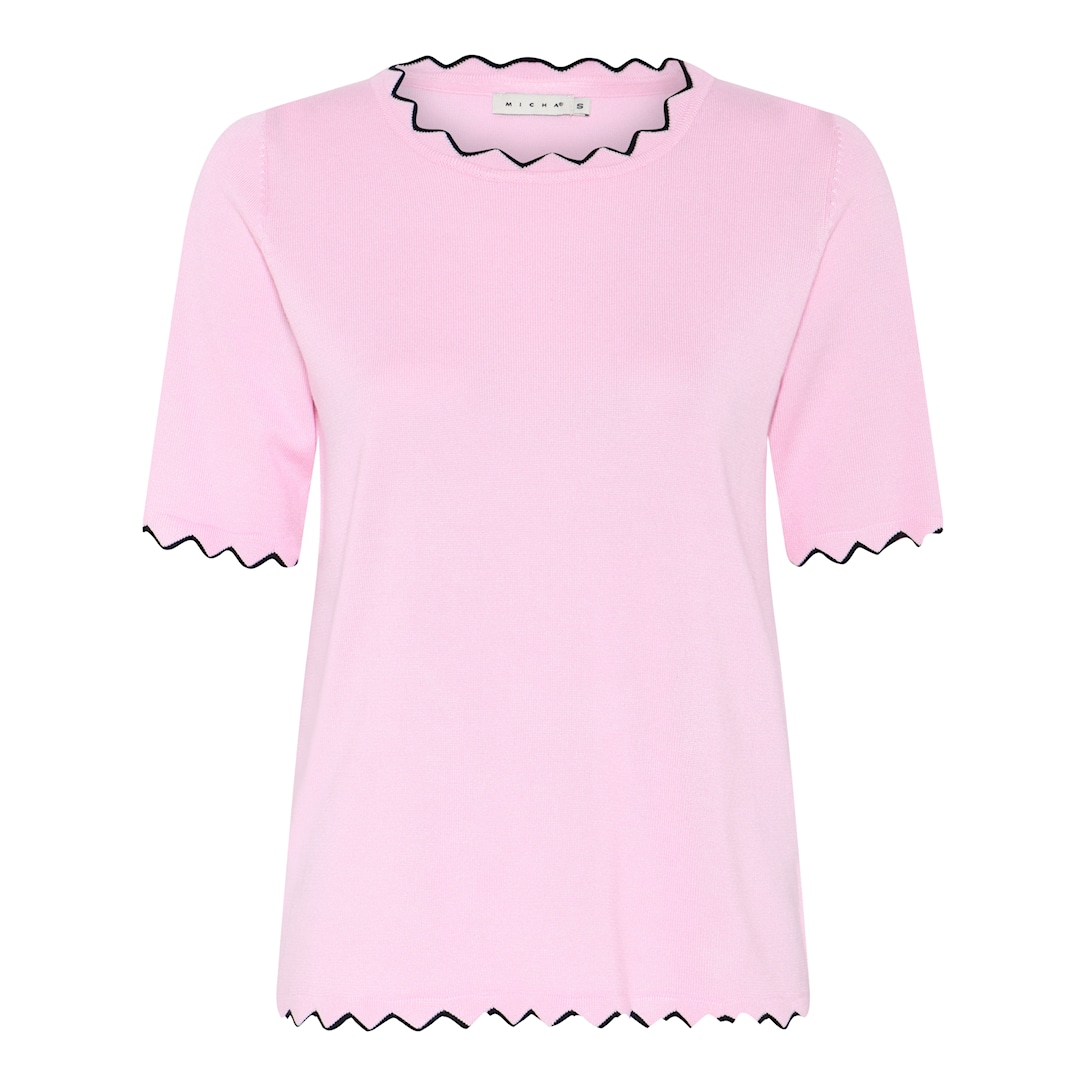 MICHA Strikbluse Dame Korte Ærmer Rund Hals Viscose Strik med Bølgekant - Perlerosa - XS