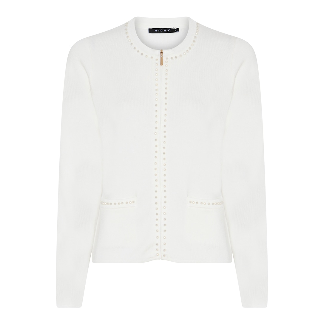 MICHA Cardigan Dame Rund Hals Strik med Perler og Lynlås - Offwhite - M