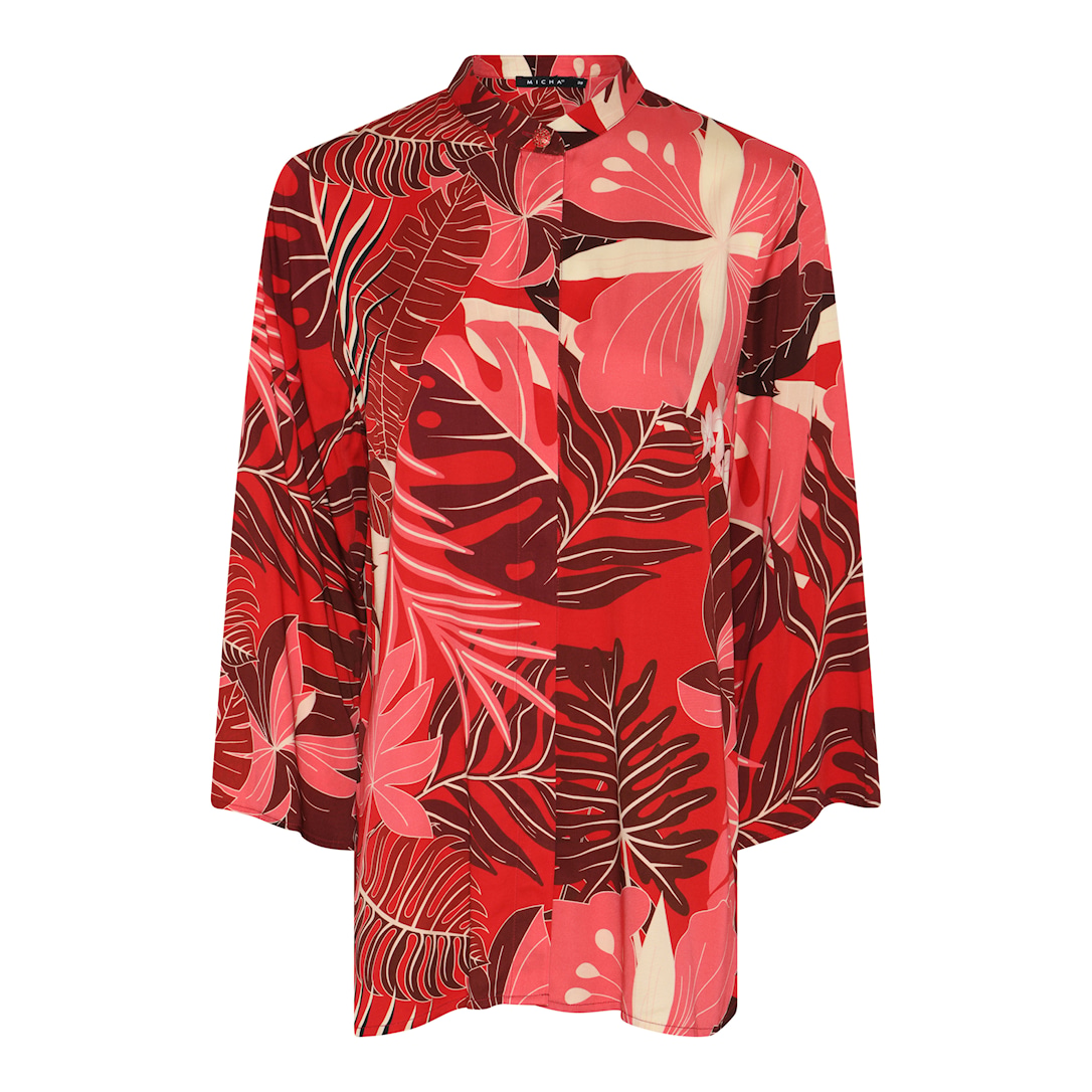 MICHA Skjorte Dame Høj Hals Blomsterprint Viscose - Rødt Print - Str. 36