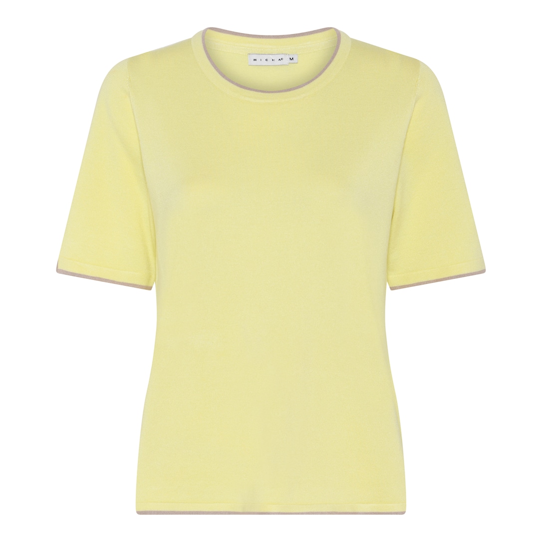 MICHA Strikbluse Dame Korte Ærmer Rund Hals Viscose Strik med Kontrastkant - Gul - 4XL