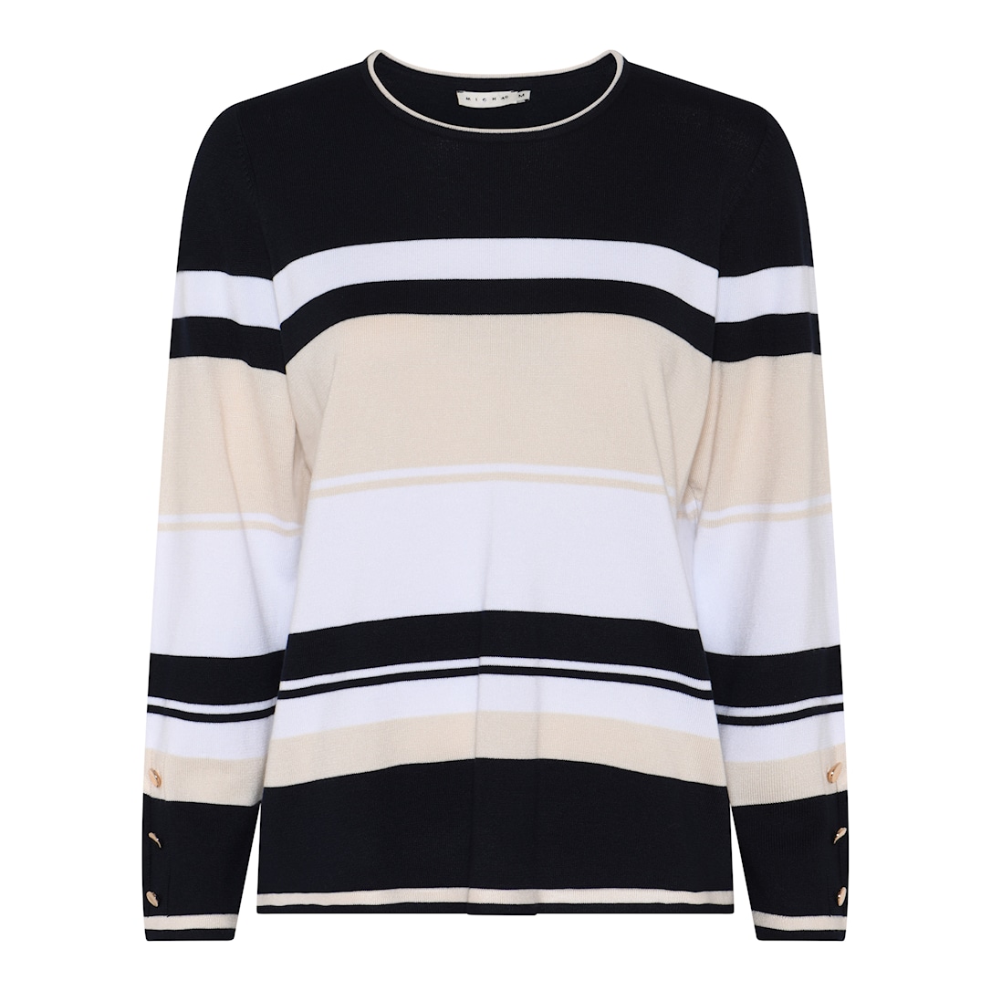MICHA Strikbluse Dame Rund Hals Stribet Viscose Strik med Knapper - Navy/Sand - M
