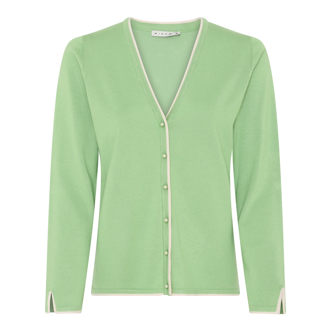 MICHA Cardigan Dame V-hals Viscose Strik med Kontrastkant og Perleknapper - Grøn - L