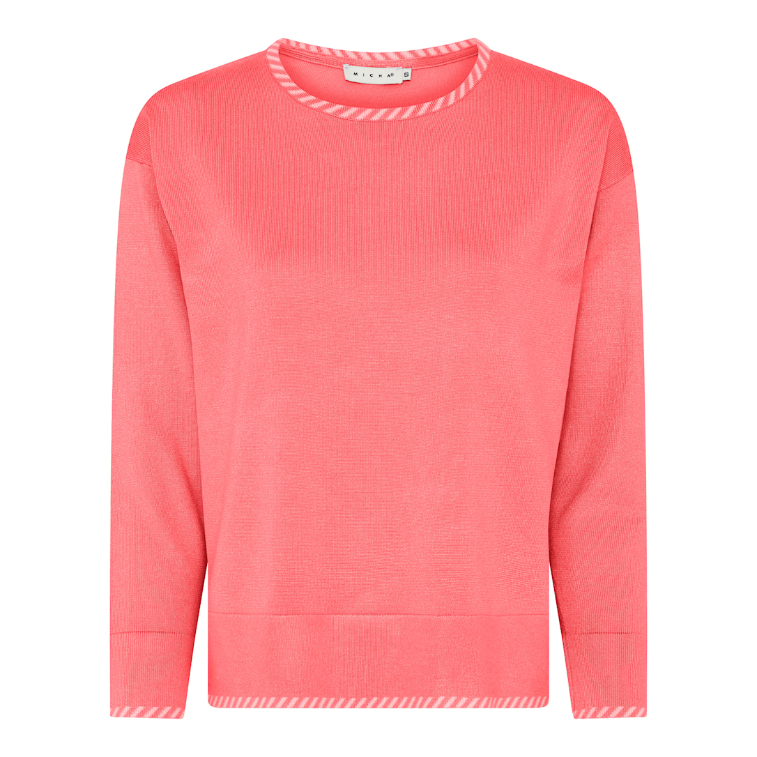 MICHA Strikbluse Dame Rund Hals Viscose Strik med Kontrastkant - Koral - XL