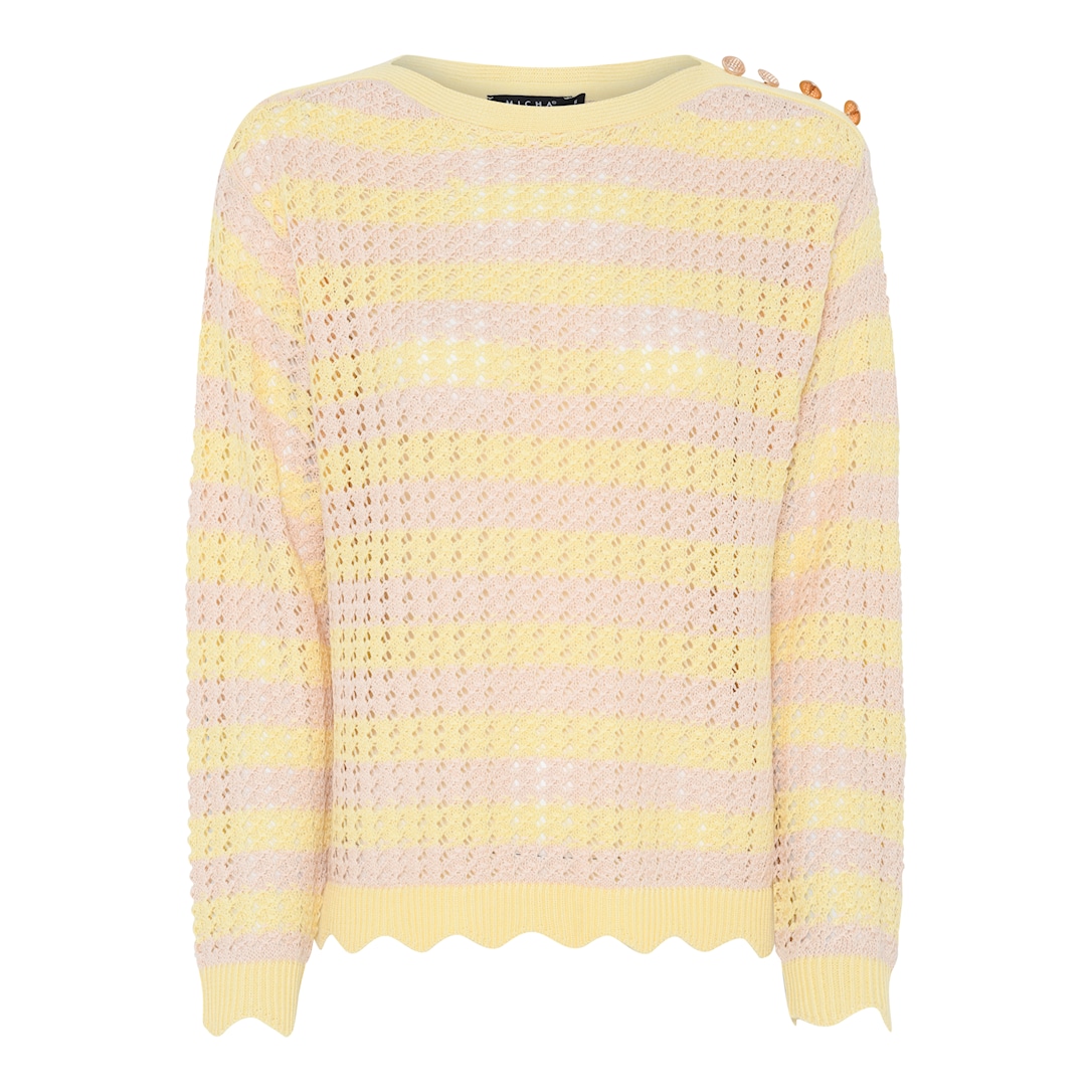 MICHA Strikbluse Dame Rund Hals Stribet Viscose Strik med Hulmønster - Gul/Havre - L