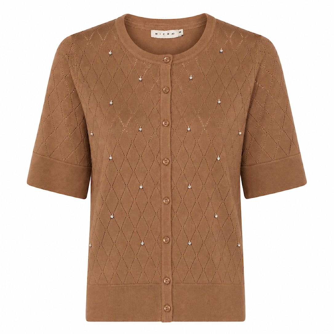 MICHA Cardigan Dame Korte Ærmer Rund Hals Viscose Strik med Hulmønster og Perler - Brun - L