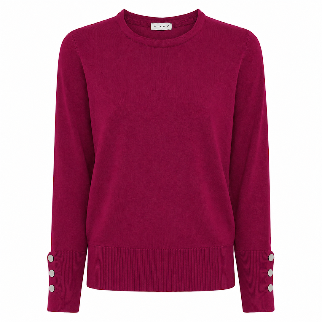 MICHA Strikbluse Dame Rund Hals Viscose Strik med Knapdetalje - Blomme - L