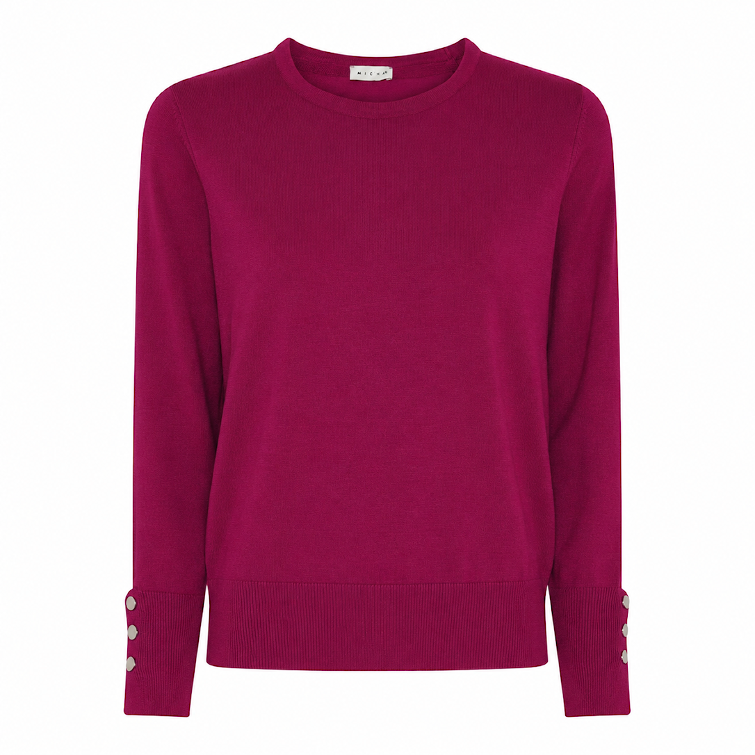 MICHA Strikbluse Dame Rund Hals Viscose Strik med Knapdetalje - Blomme - L