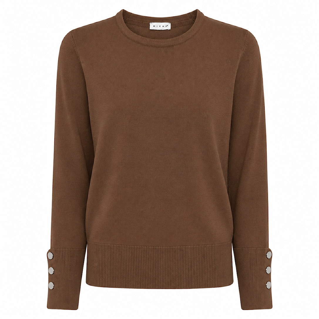 MICHA Strikbluse Dame Rund Hals Viscose Strik med Knapdetalje - Nougat - M