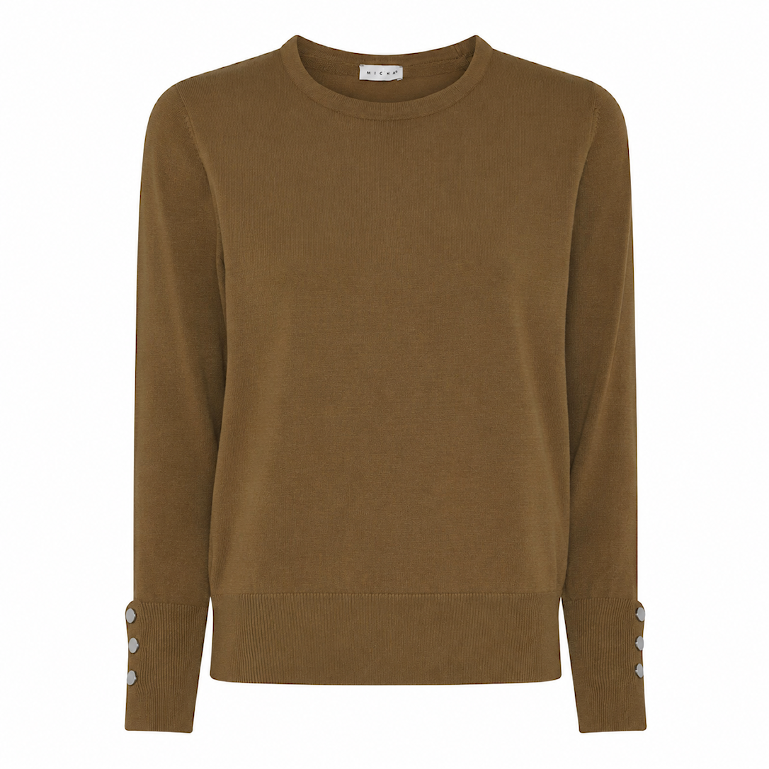 MICHA Strikbluse Dame Rund Hals Viscose Strik med Knapdetalje - Nougat - M