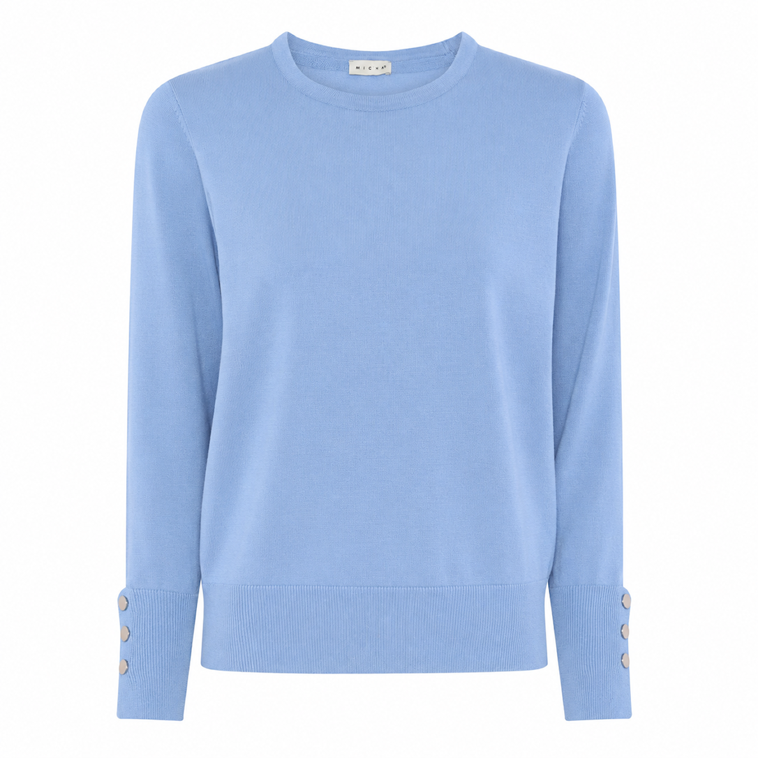 MICHA Strikbluse Dame Rund Hals Viscose Strik med Knapdetalje – Lyseblå – XXXL