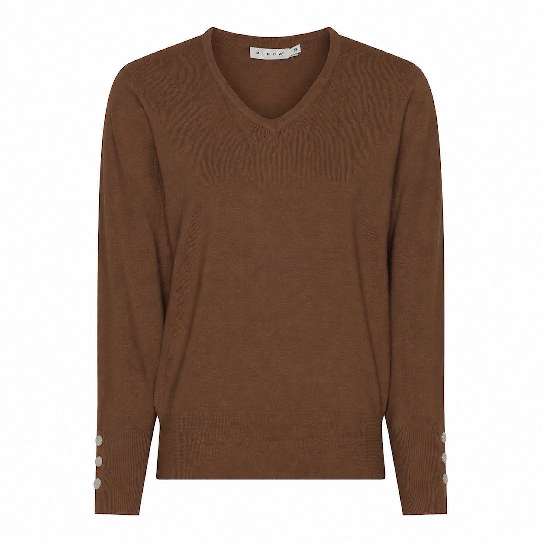 MICHA Strikbluse Dame V-hals Viscose Strik med Knapdetalje - Nougat - M
