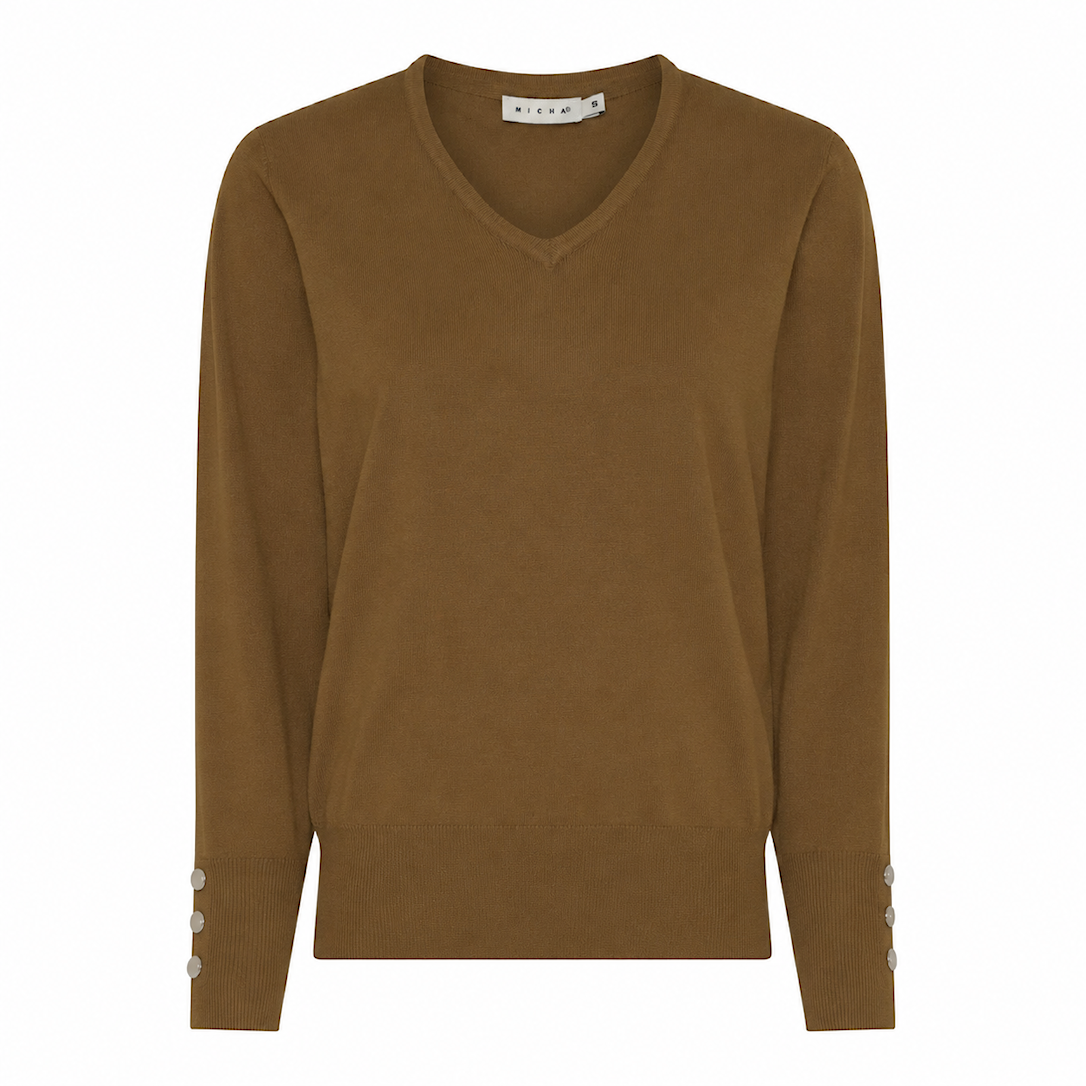 MICHA Strikbluse Dame V-hals Viscose Strik med Knapdetalje - Nougat - M