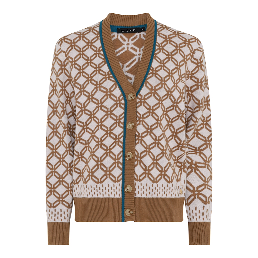 MICHA Cardigan Dame V-hals Strik med Jacquard og Kontrastkant - Rosa/Brun - L