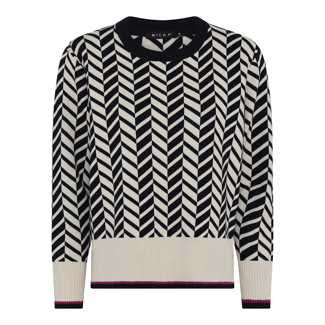 MICHA Strikbluse Dame Rund Hals Strik med Jacquardmønster - Sand/Navy - L