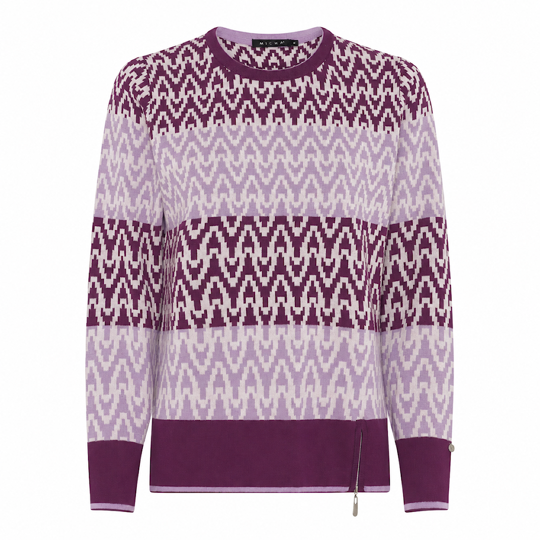 MICHA Strikbluse Dame Rund Hals Strik med Jacquardmønster - Blomme/Lavendel - L