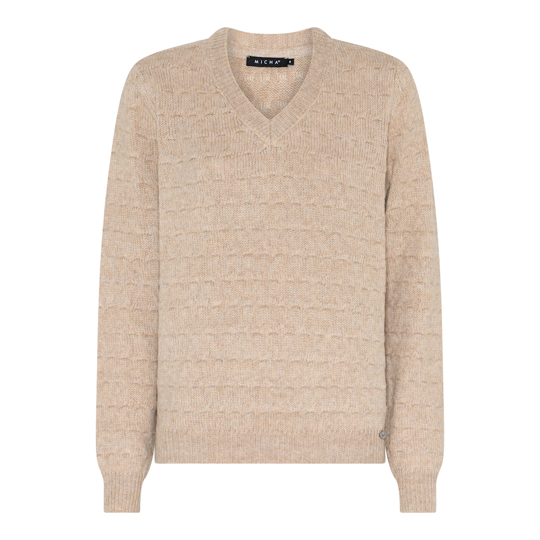 MICHA Strikbluse Dame V-hals Melange Strik - Kamel Melange - L