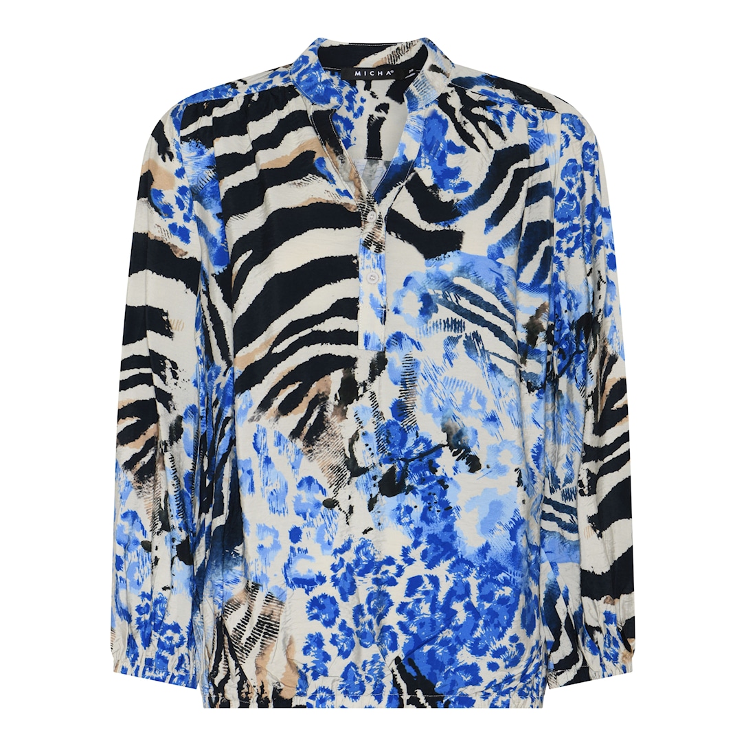 MICHA Bluse Dame V-hals Dyreprint med Knapper - Blå Print - Str. 34